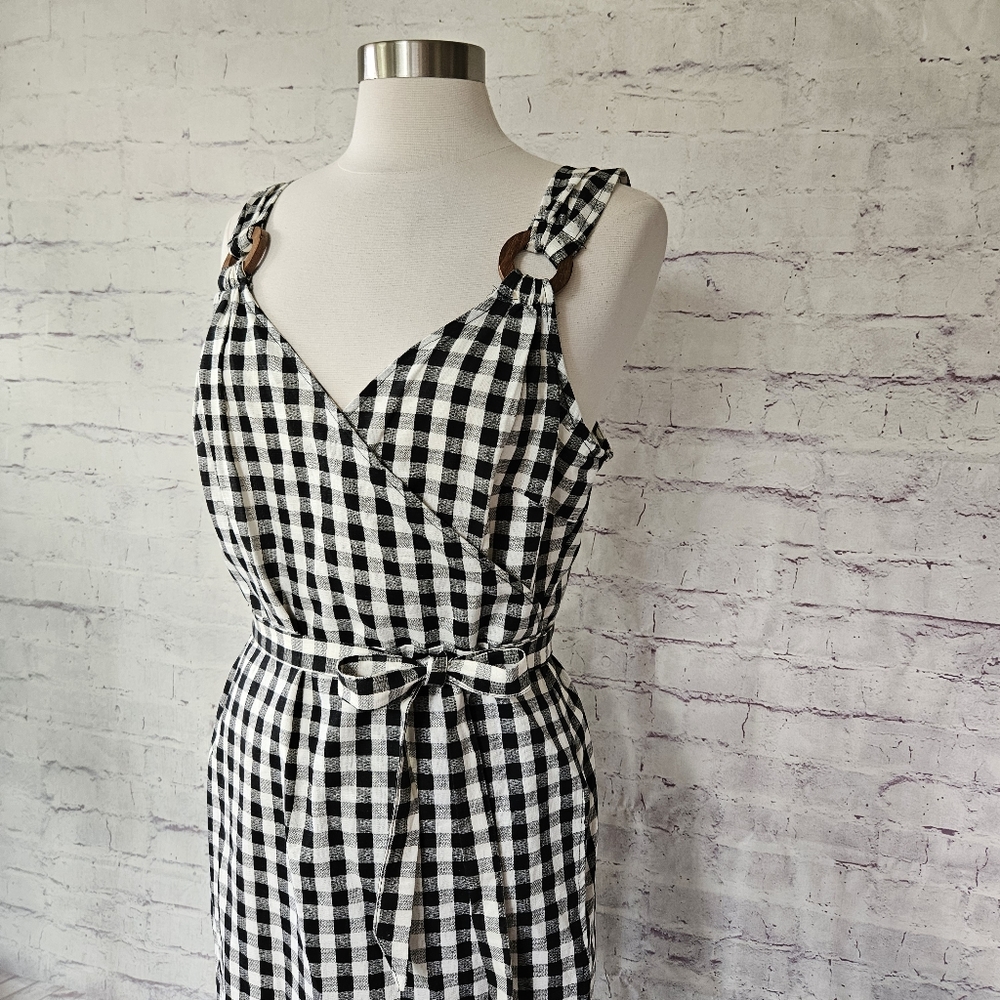 ASOS Gingham Linen Wrap Sundress with Wooden Rings Black White 12